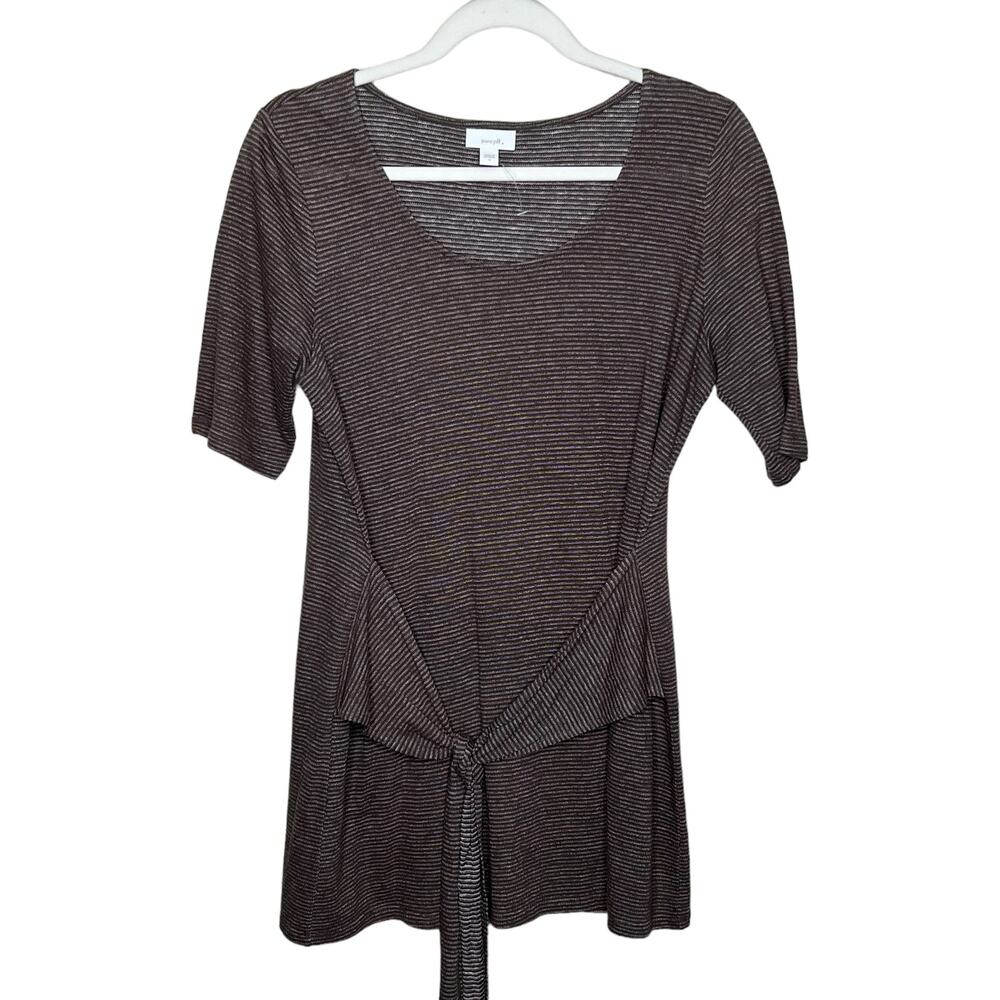 J.Jill Pure Jill Wmn S Brown Striped Linen Blend Tie Front Scoop Neck Tunic Top